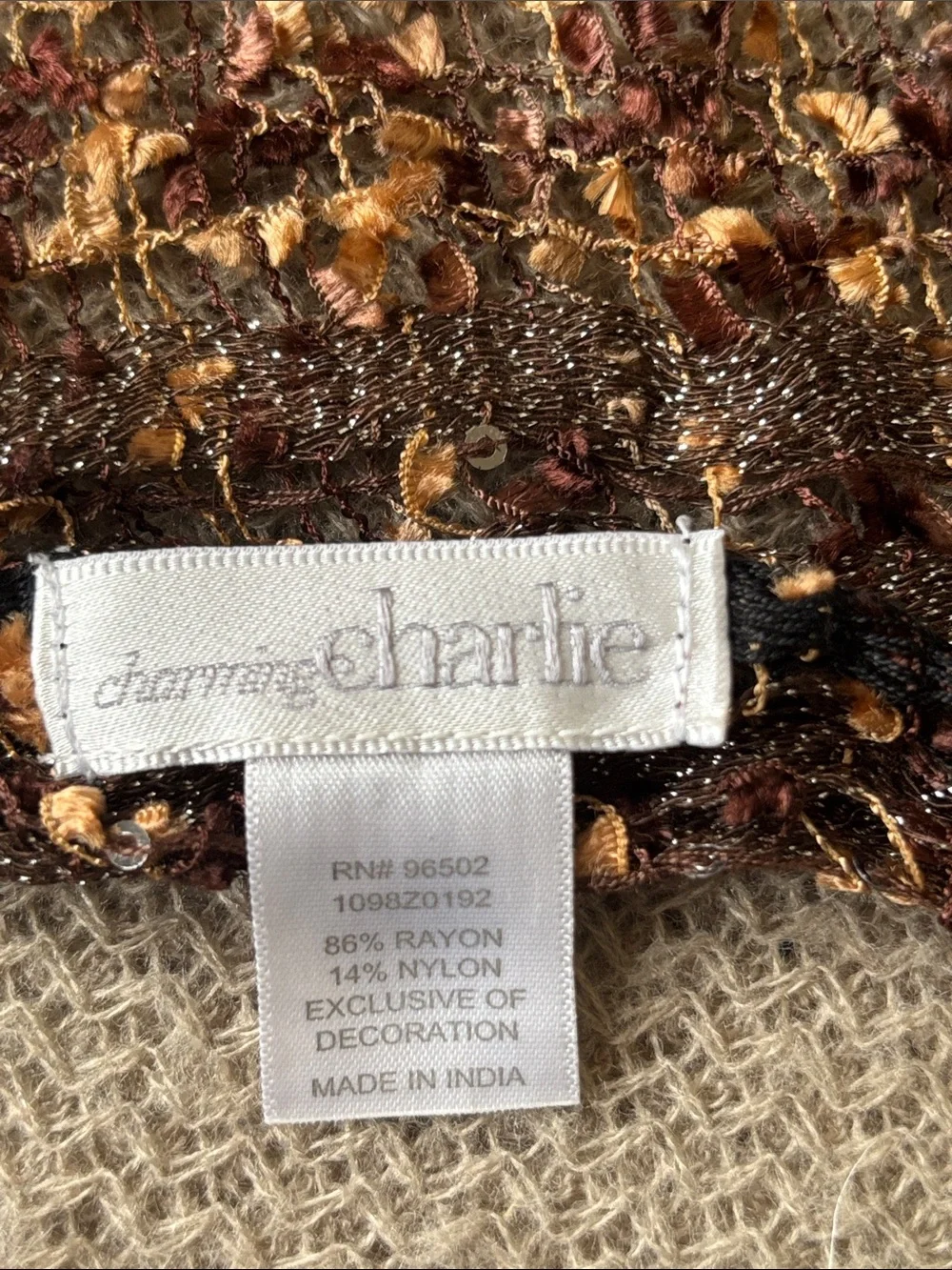 Charming Charlie Brown Textured Metallic Thread Scarf 17”x70”